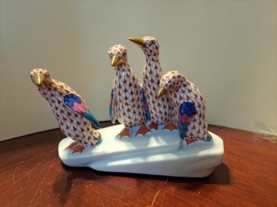 Herend 4 Penguins on Iceberg Rust color Fishnet Hand-Painted Porcelain