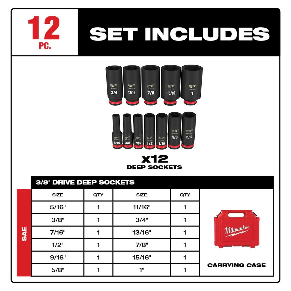 Milwaukee 49-66-7006 SHOCKWAVE 3/8" Drive SAE  6 Point Socket Set - 12PC - Image 2 of 4