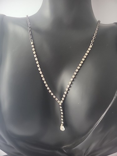Vintage Necklace Silver Tone Y Drop Crystals Jewelry Costume