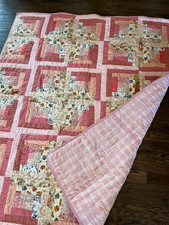 Various Pink and White Homemade Log Cabin Quilt - 59" x 50" - Hand Quilted