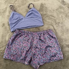 Victoria's Secret Pajamas Set MEDIUM Satin Shorts Crop Top Shirt Purple