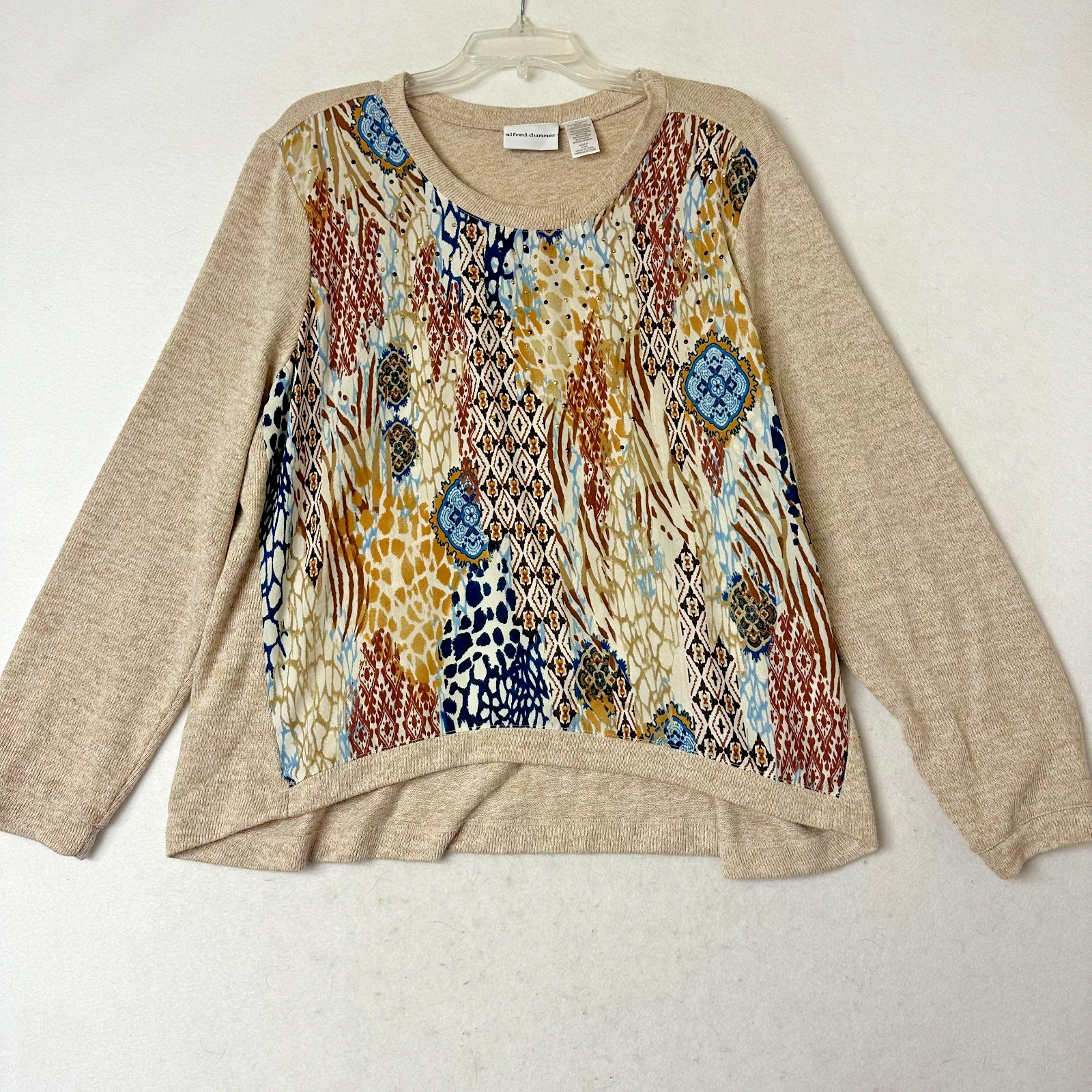 Sweater sz XL tan rust red yellow fall colors studded chiffon knit cabincore-image