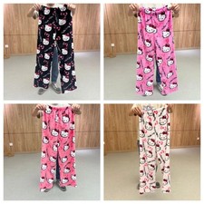 Hello Kitty Pajamas Black Flannel Women Casual Home Pants Unisex Warm Trousers