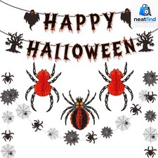 Spooky Halloween Decor Set 3D Honeycomb Spiders Banner Web Hanging Indoor Out...