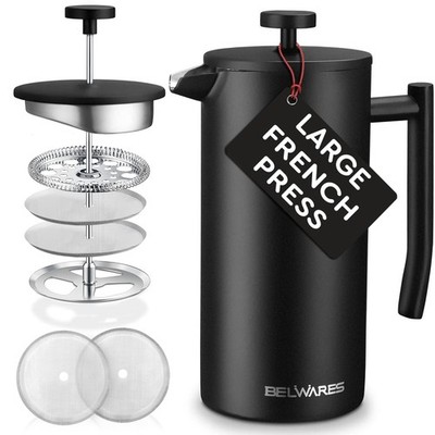 French Press Coffee Maker - Large 50oz 6-Cup, 304 Stainless Steel Coffee Pres...