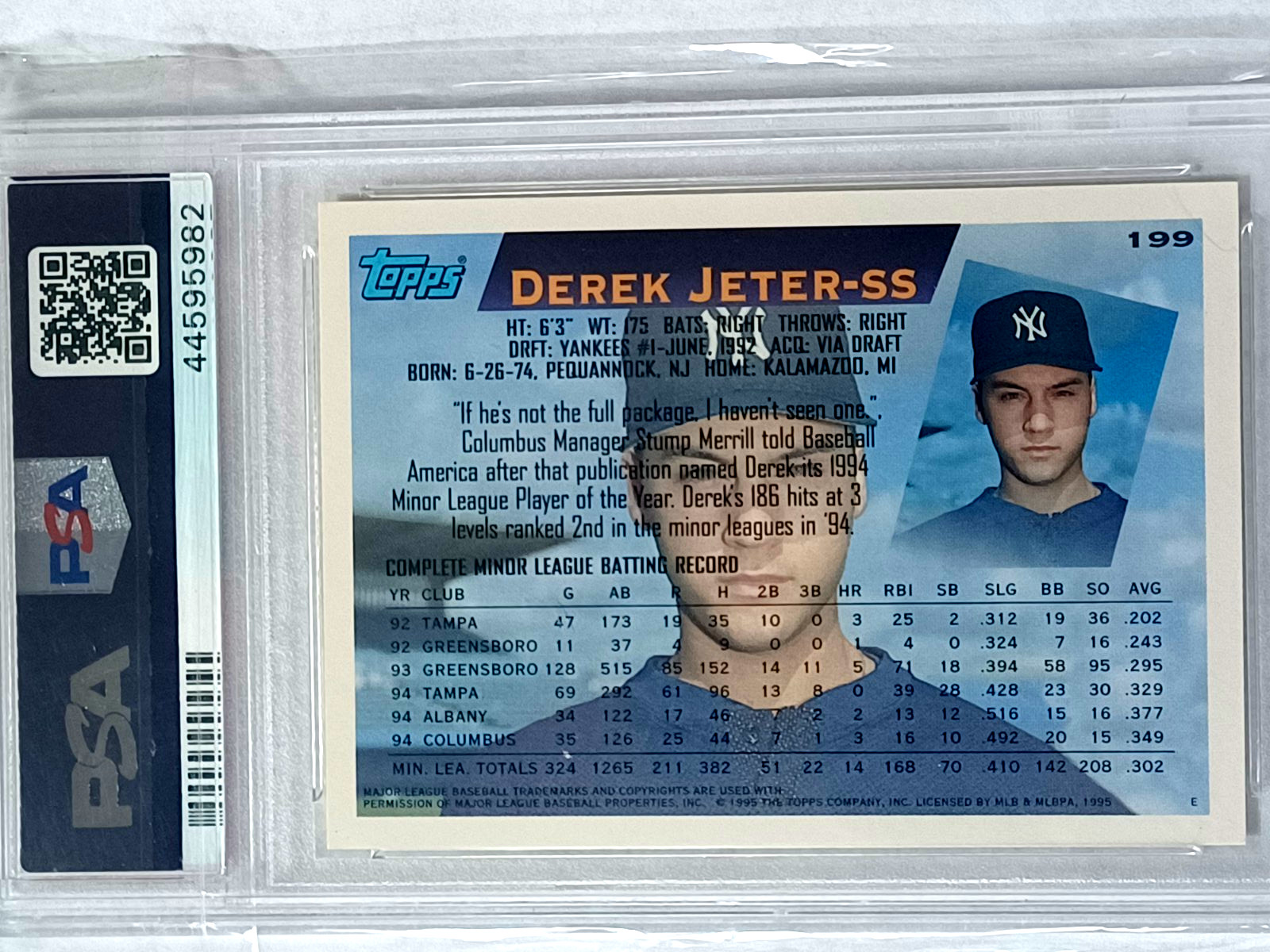 1995 Topps #199 DEREK JETER Future Star RC PSA 9 Mint view 2
