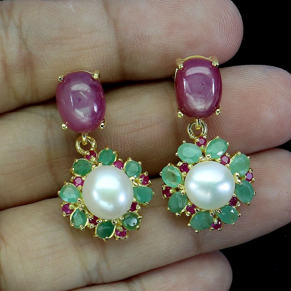 925 Sterling Silver Earrings Oval Ruby 10x8mm Emerald Pearl Gemstone Jewelry - Image 2 of 4
