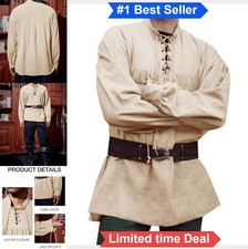 Mens Medieval Pirate Shirt Renaissance Costume Top Long Sleeve Puff Lace Up