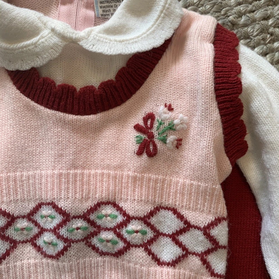 Conjunto de Pantalones Suéter Tejido Floral Vacaciones Navidad Rojo Rosa De Colección Talla 18 Meses 60s 70s Foto 3 de 4