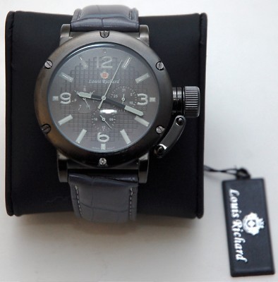 NEW Louis Richard 10016 Men's Kinnaird Black Case Grey Dial Leather Band Watch