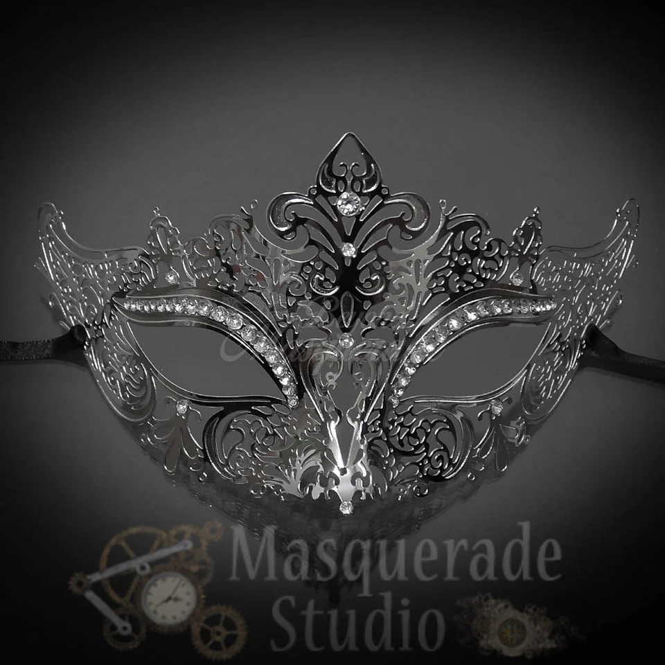 Womens Luxury Filigree Metal Laser-Cut Mardi Gras Prom Masquerade Mask [Silver] - Image 2 of 4