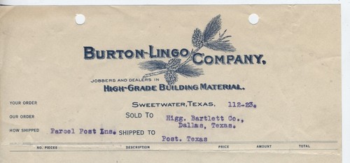 1923 BRIEFKOPF SWEETWATER TEXAS, BURTON-LINGO LUMBER CO. - Bild 2 von 2