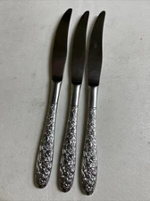 3 National Silver FLEUR Dinner Knives 8.5”Stainless NASCO Rose Japan Silverware