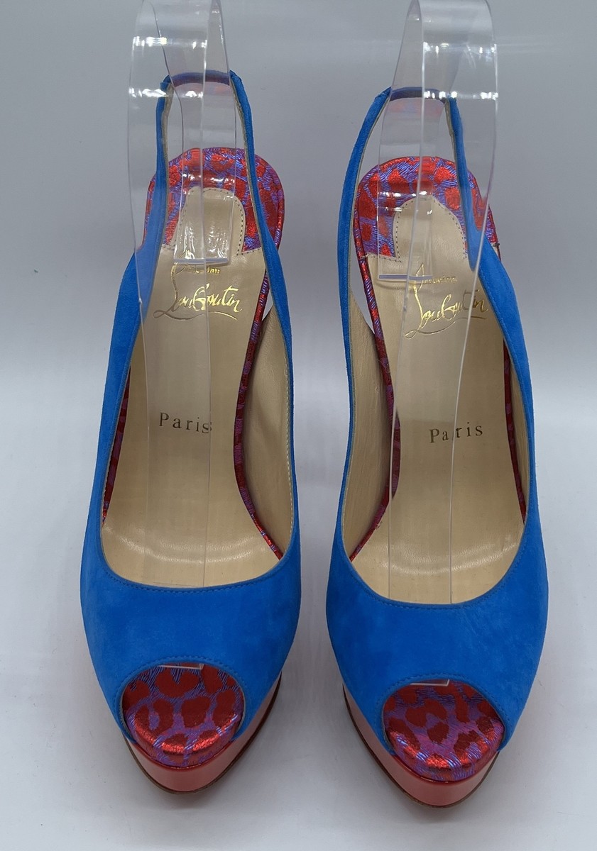 Christian Louboutin Blue Suede Lady Peep Toe Slingback Platform
