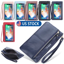 Large Capacity Womens Leather Zipper Wallet with Touch Screen Phone Bag Coin Bag