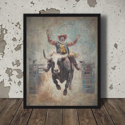 Vintage RODEO CLOWN Wall Art, Retro Clown School Poster, Clown Bull Rider Decor