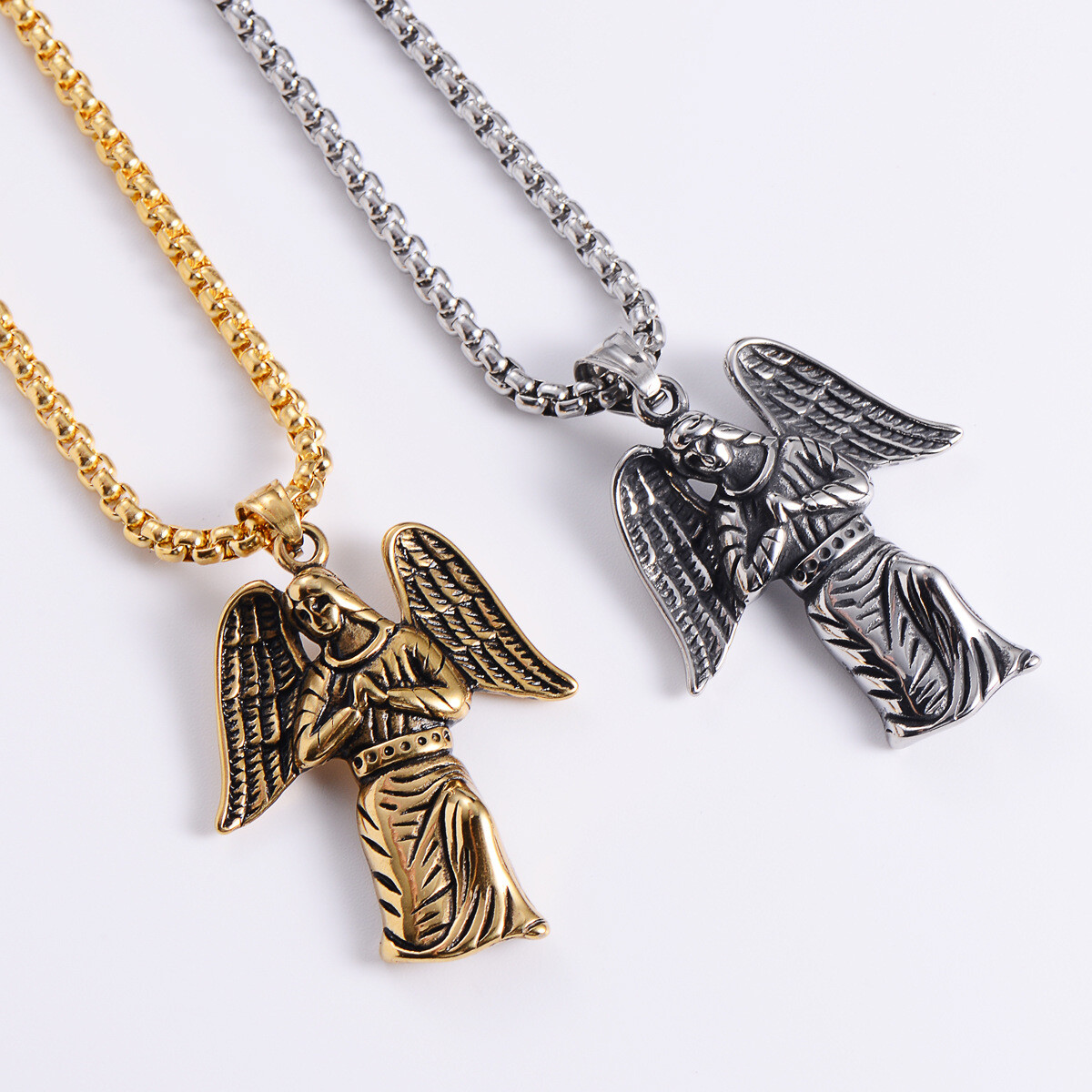 Mens Stainless Steel Christian Praying Hands Angel Wings Necklace Pendant