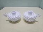 Pair Of Fenton Vtg Milk Glass Hobnail Candle Holders Finger Loop