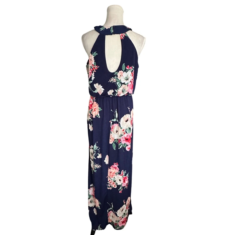 Maxi Vestido Halter Floral Tres Corazones Rosa Azul Marino Frontal Abertura Cerradura Trasera L Foto 3 de 4
