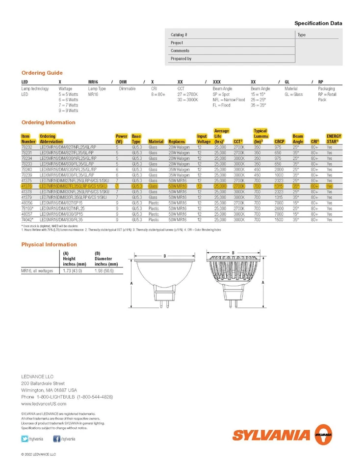 Sylvania 7W MR16 LED Bombillas 700 Lúmenes, Haz 35 Grados - 2700K, 80+ CRI Foto 2 de 4