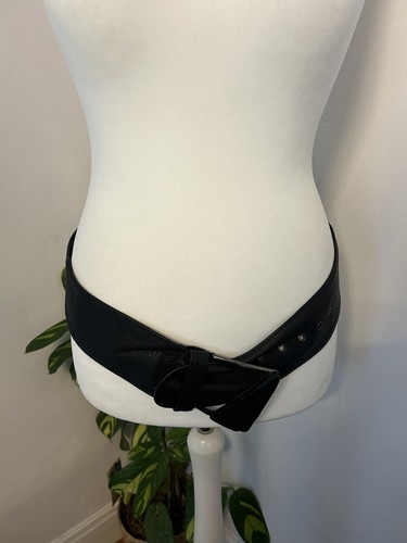 Y2K River Island 90’s Black Soft Leather Wide Belt Large Buckle Size M - Picture 2 of 5