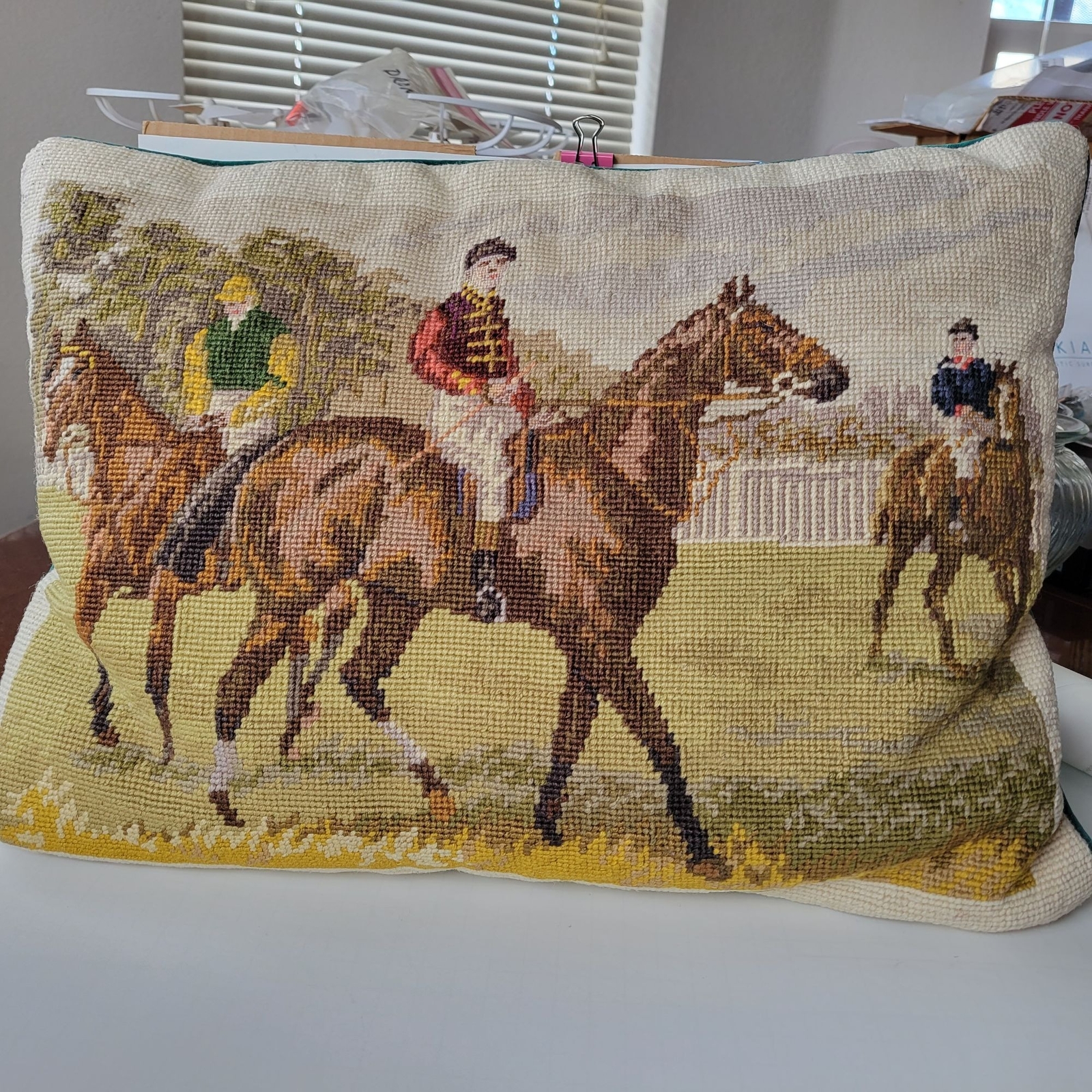 Vintage English Jockeys Horse Equine Rider Needlepoint Pillow Petit