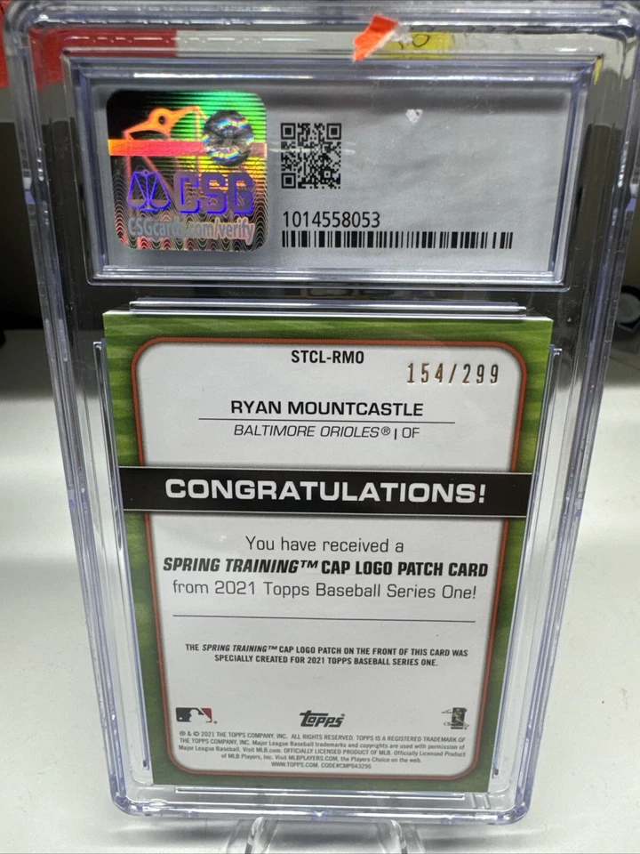 Ryan Mountcastle RC 2021 Topps RC Cap Logo Patch Black  #/299 Orioles Csg 8.5 - Image 4 of 4