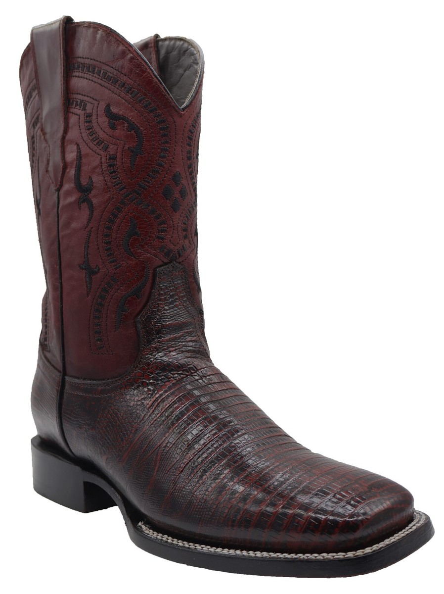 Men Genuine Leather Lizard Print Western Wide Square Toe Cherry Cowboy Boots