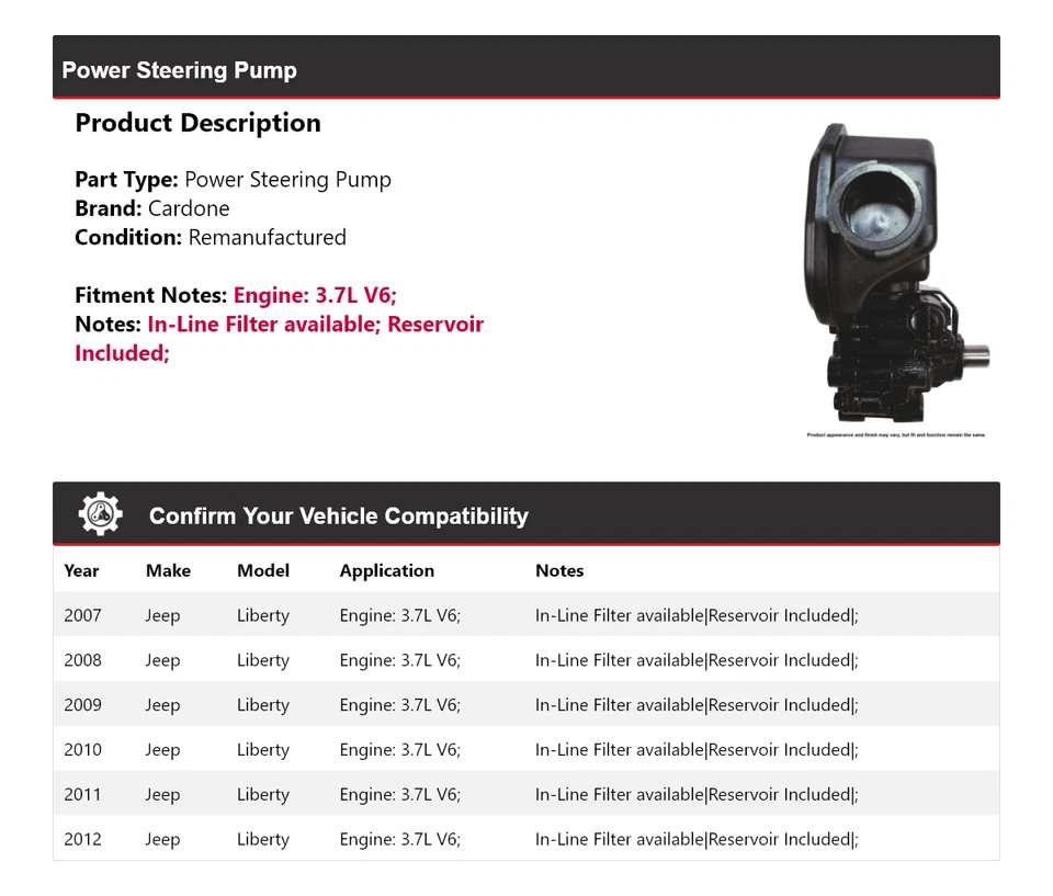 Насос гидроусилителя руля Cardone для Jeep Liberty 3,7 л V6 2007-2012 годов выпуска 2008 2009 2010 годов выпуска - Изображение 2 из 4