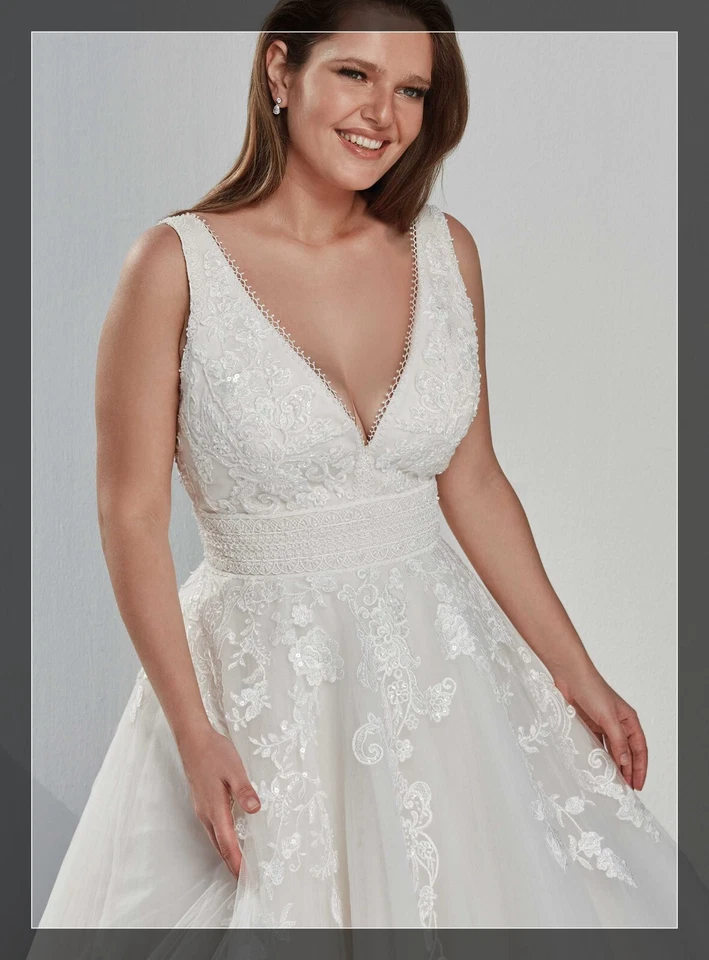 Träger Brautkleid Hochzeitskleid Elfenbein Weiß 32-60 V-Ausschnitt Perlen n.Maß - Bild 4 von 4