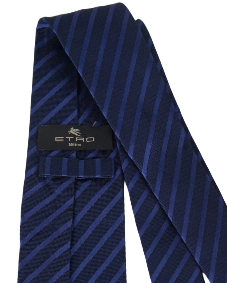 Corbata de sarga de seda a rayas azul marino ETRO vintage/nueva Foto 4 de 4