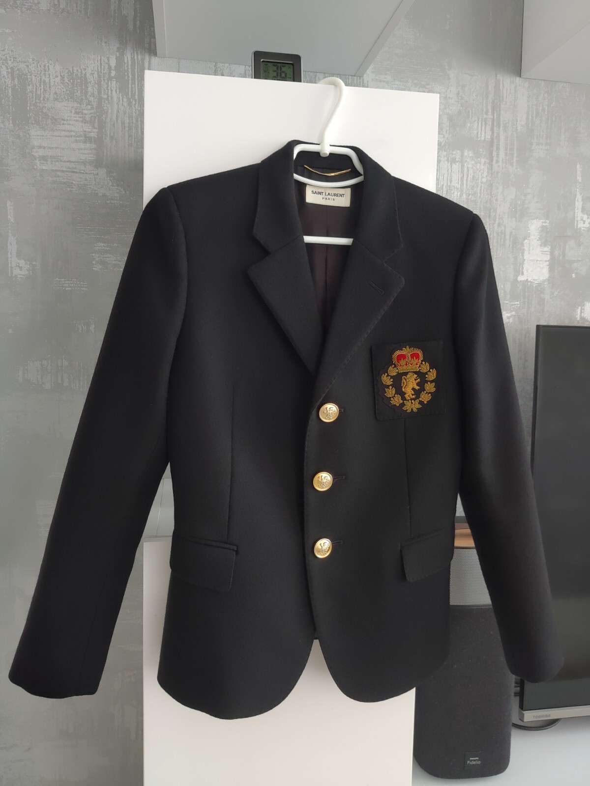 Giacca blazer tuta Yves Saint Laurent YSL stemma leone lana nera mazza ricamata