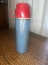 Vtg Keapsit Thermos 1-Pint Lunch Box Thermos Blue w/ Silver Stripes camp hunt