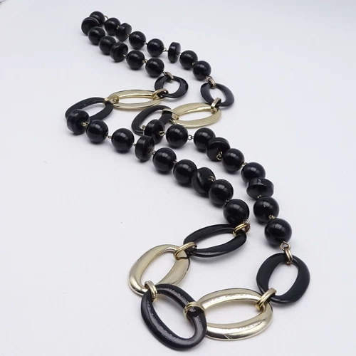 Vintage Necklace Black and Gold tone Bead Statement Estate Costume Jewelry 36"
