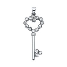 14K White Gold Cubic Zirconia Key to My Heart Pendant For Necklace or Chain