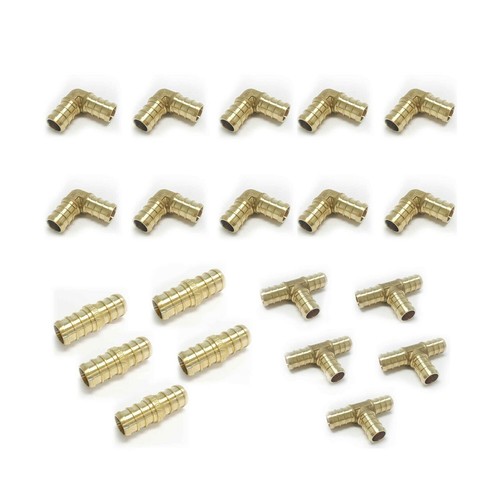 20PCS 3/4" PEX Barb Crimp Brass Fitting Mix:Elbow(10),Coupler(5),Tee(5), No Lead