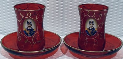 Lot Of 4 ~  Red With Gold Trim Gurallar Art-craft shot glasses & Plates ~ MINT