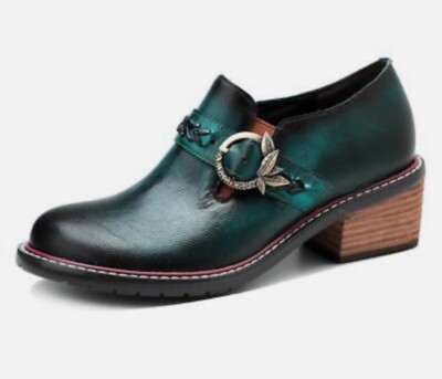 Womens Leather Shoes Boho Brushed Mid Block Heels Round Toe New 5.5US 36EU