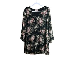Blush Floral V-Neck Bell Sleeve Shift Dress Black Pink Rose Print Small DH9508