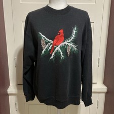 Vintage Hanes Womens Size L Black Embroidered Robin Cardinal Bird Sweatshirt Top