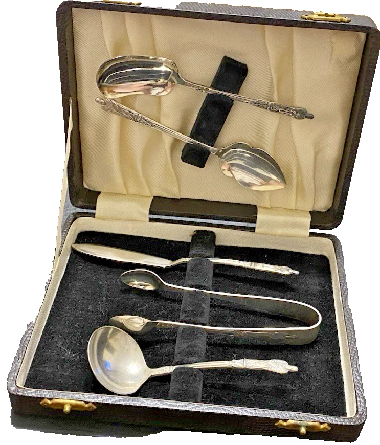 Cased 5 Piece Silver Plated "Apostle" Cutlery - Tongs/Ladle/Butter/Sugar/Jam