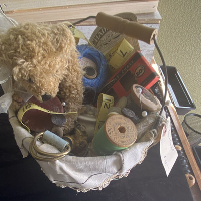 Vintage Sewing Basket with Teddy Bear, Thread, Pins, Wood, Brown Beige
