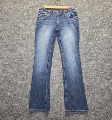 YMI Jeans Juniors 1 Blue Wash Low Rise Bootcut Embroidered Studded Stretch 27x30