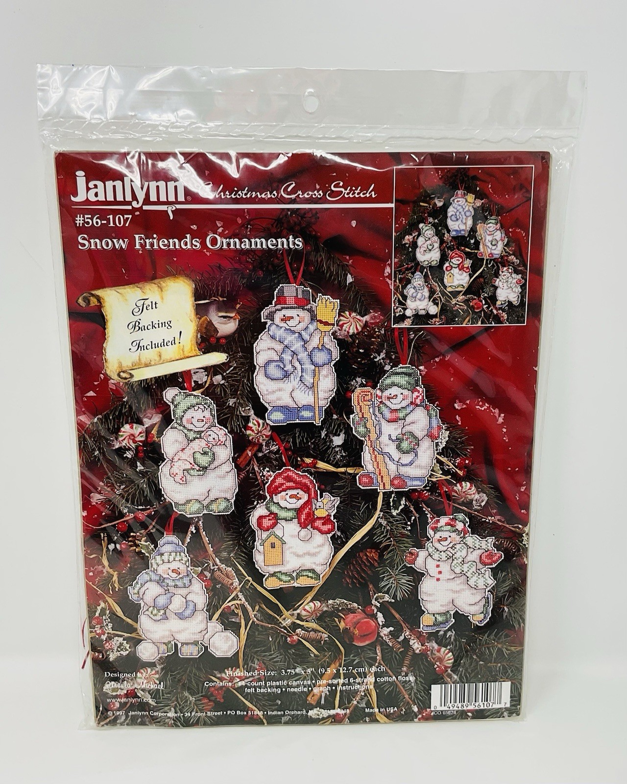 Janlynn Counted Cross Stitch Snow Friends Snowman Ornaments #56-107 NIP VTG 1997
