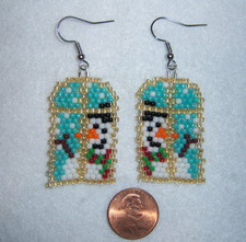 Christmas snowman looking in the window handmade seed beaded earrings