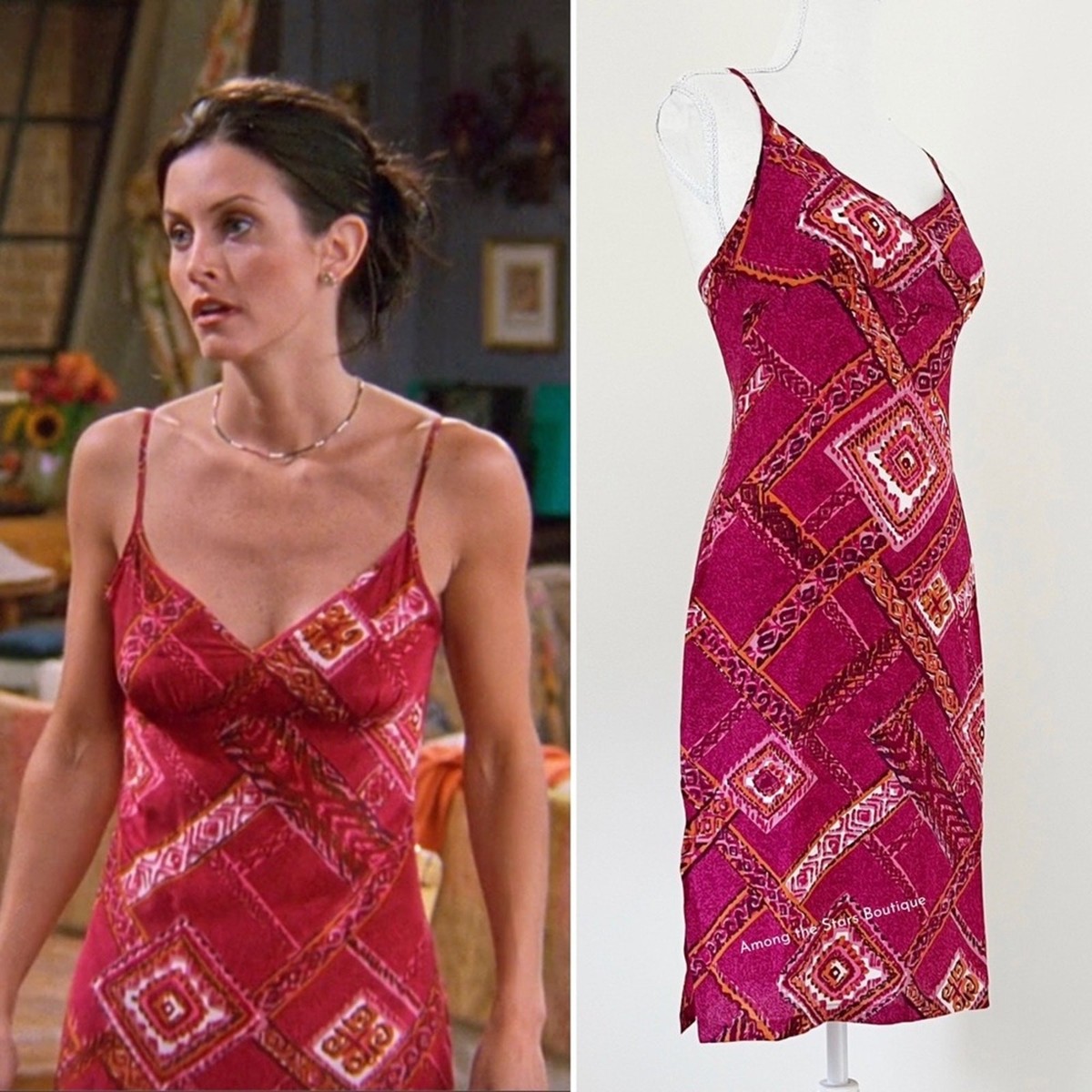 monica's pink dress friends Jovani Spaghetti Strap V-neckline Pink Dress worn by Monica Geller  (Courteney Cox) in Friends TV series (S06E24)