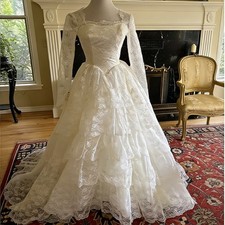 Vintage 1960s White Illusion Wedding Dress Lace Long Sleeve Train Bridal Gown
