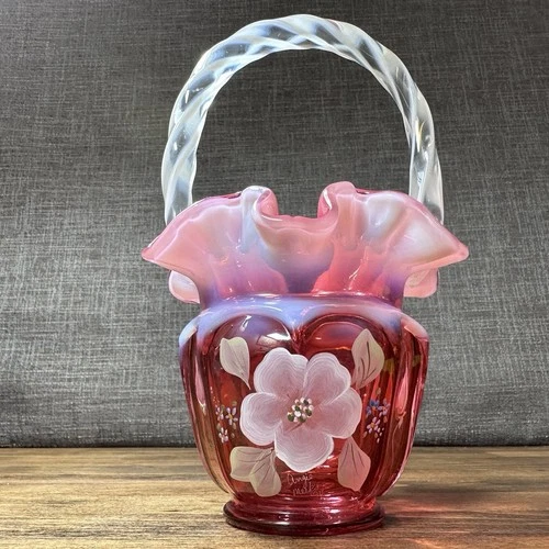 Fenton Signed Cranberry Opalescent Open Heart Arches Basket Bill & George Fenton