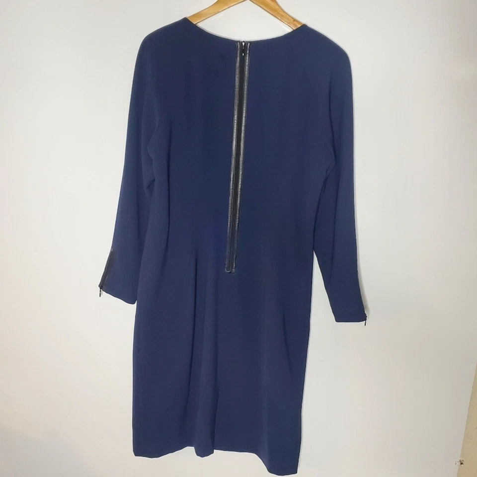 Lafayette 148 NY Sheath Dress Armada Navy Blue Leather Trim Size 12 Excellent - Image 3 of 4