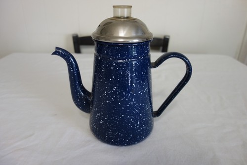 Vintage Enameled Blue Speckled Coffee Pot Percolator Complete Camping Farmhouse